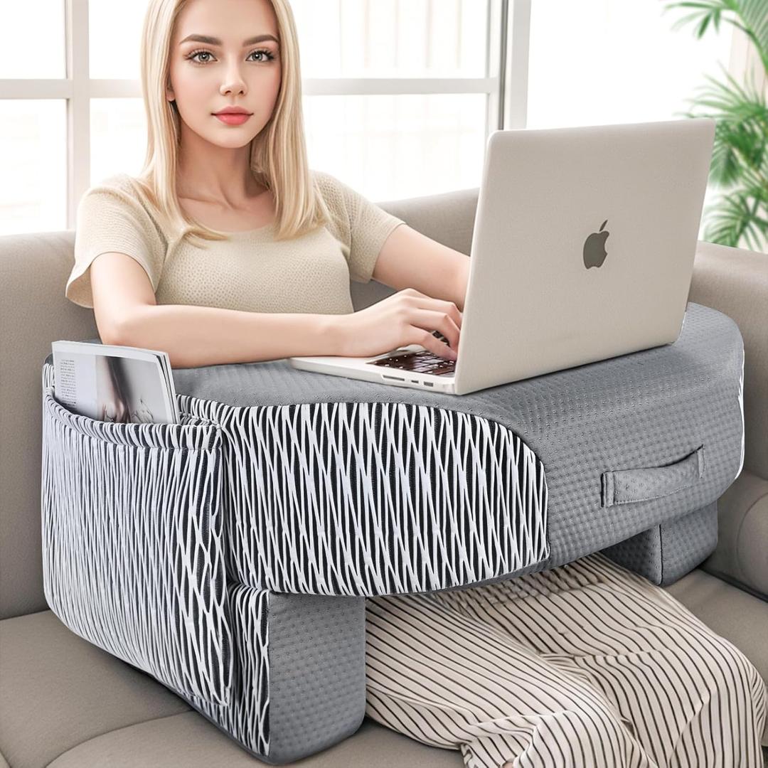 LEBENGURU Reading Pillow for Laptop, Extra Large Armrest Gaming Pillow for Working, Hight Adjustable Lap Desk Pillow for Adult Sitting in Bed, Floor, Sofa, Stripe and Grey