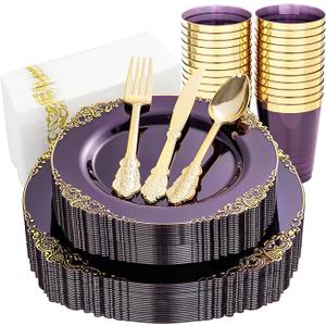 Nervure 175PCS Clear Purple Plastic Plates - Purple Party Plates Set for 25 Guests Include 25Dinner Plate, 25Dessert Plate, 25Cups, 75 Cutlery, 25Napkins Perfect for Wedding & Party