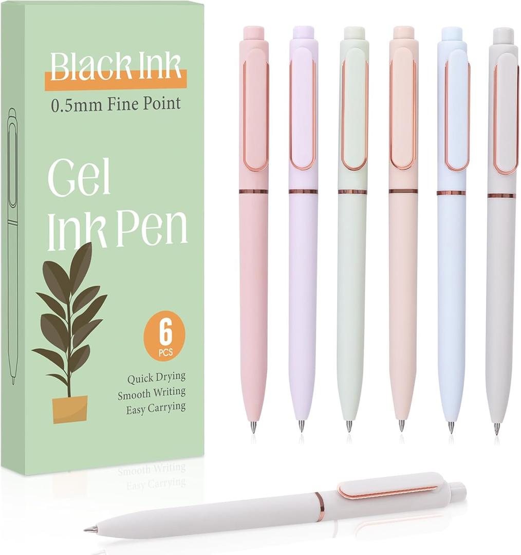 6pcs Gel Pens, 0.5mm Quick Dry Black Ink Fine Point Smooth Writing Pens, Cute Pens with Green Box for Journaling, Office, School Supplies