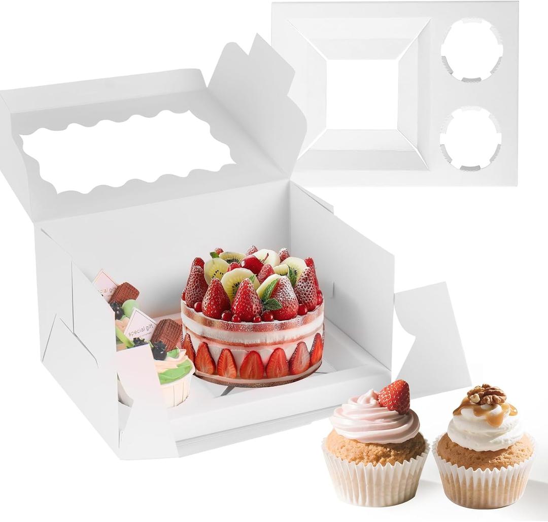10 Packs Bento Cake and Cupcake Box 3 Holes Fit 2 Cupcakes and 1 Mini Cake Box with Clear Window and Stickers for Cake Cupcake Cookie or Easter and MotherDay. (1+2/10pcs)