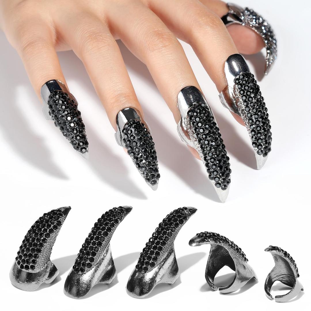10PCS Adjustable Claws Ring Set Fake Nails Finger, Gothic Punk 3 Sizes Crystal Retro Metal Nail Rings Jewelry Fingertip Vampire Demon Cat Cosplay Accessories Women Costume Black