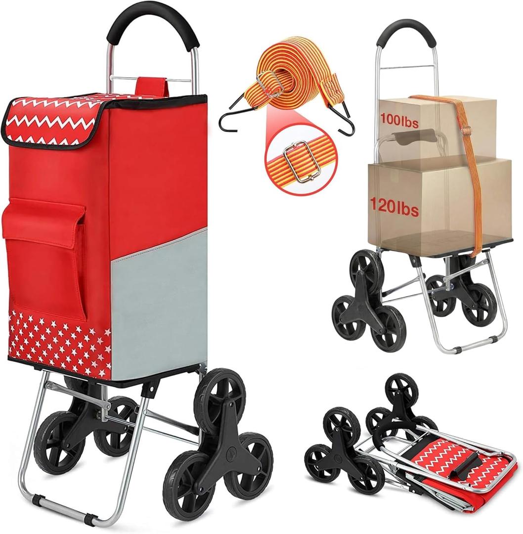 Shopping Cart, Super Loading Stair Climber 220 lbs Capacity Grocery Foldable Cart with Extra Large Shopping Bag Laundry Utility Cart with Adjustable Bungee Cord, red