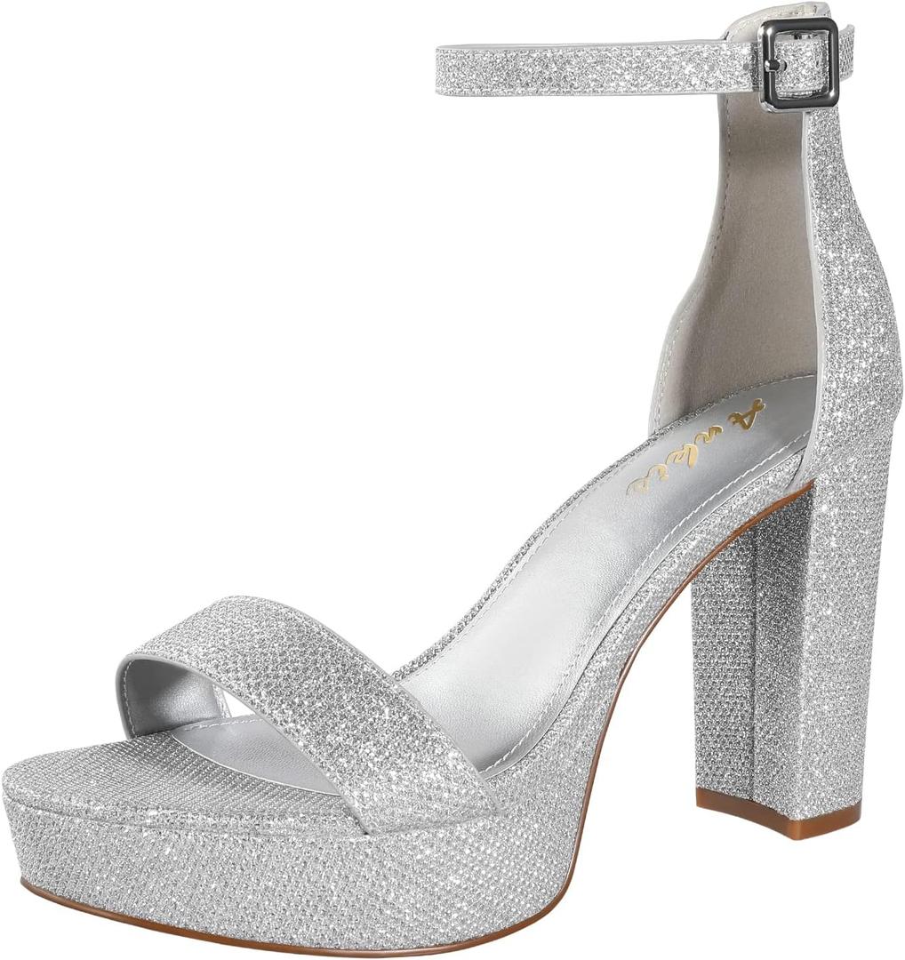 Ankis Chunky Platform Heels - 4 Inch Block Heeled Sandals for Women - Comfortable Open Toe Strappy Heels - Black, Nude, White, Silver, Gold - Summer Dress Shoes (Size 7)
