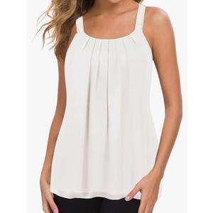 MANER Women's Plus Size Cami Casual Pleated Chiffon Tank Top with Beaded Strap, XXL