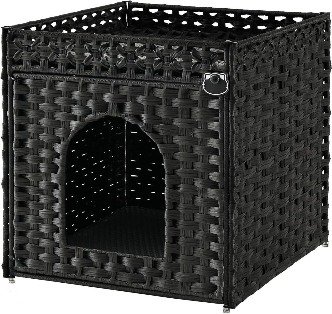 SETVSON Cat Litter Box Enclosure Furniture, Hidden PE Rattan, Black | PE Rattan Kitty House with Top Fence, Fits Standard Litter Box, Included Litter Mat, 2 S-Hooks, Sturdy Metal Frame