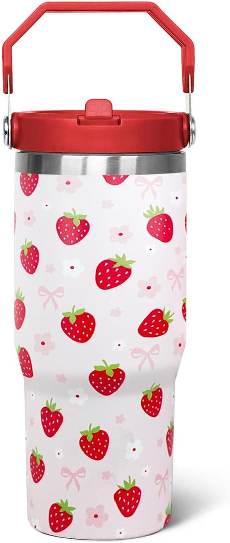 30oz Strawberry Flip Tumbler With Handle Lid and Straw,Strawberry Floral Coffee Mug Cup Water Bottles,Strawberry Themed Gifts for WomenStrawberry Decor Stuff Accessories