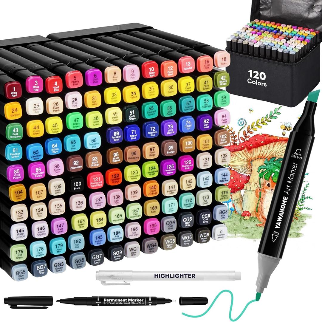 YAWAHOME Markers Set 120 Colors - Dual Tip Art Markers for Adult Coloring Books Professional Permanent Blending Marker Pens Artist Sets for Drawing Painting Sketching Illustration Kids Gifts