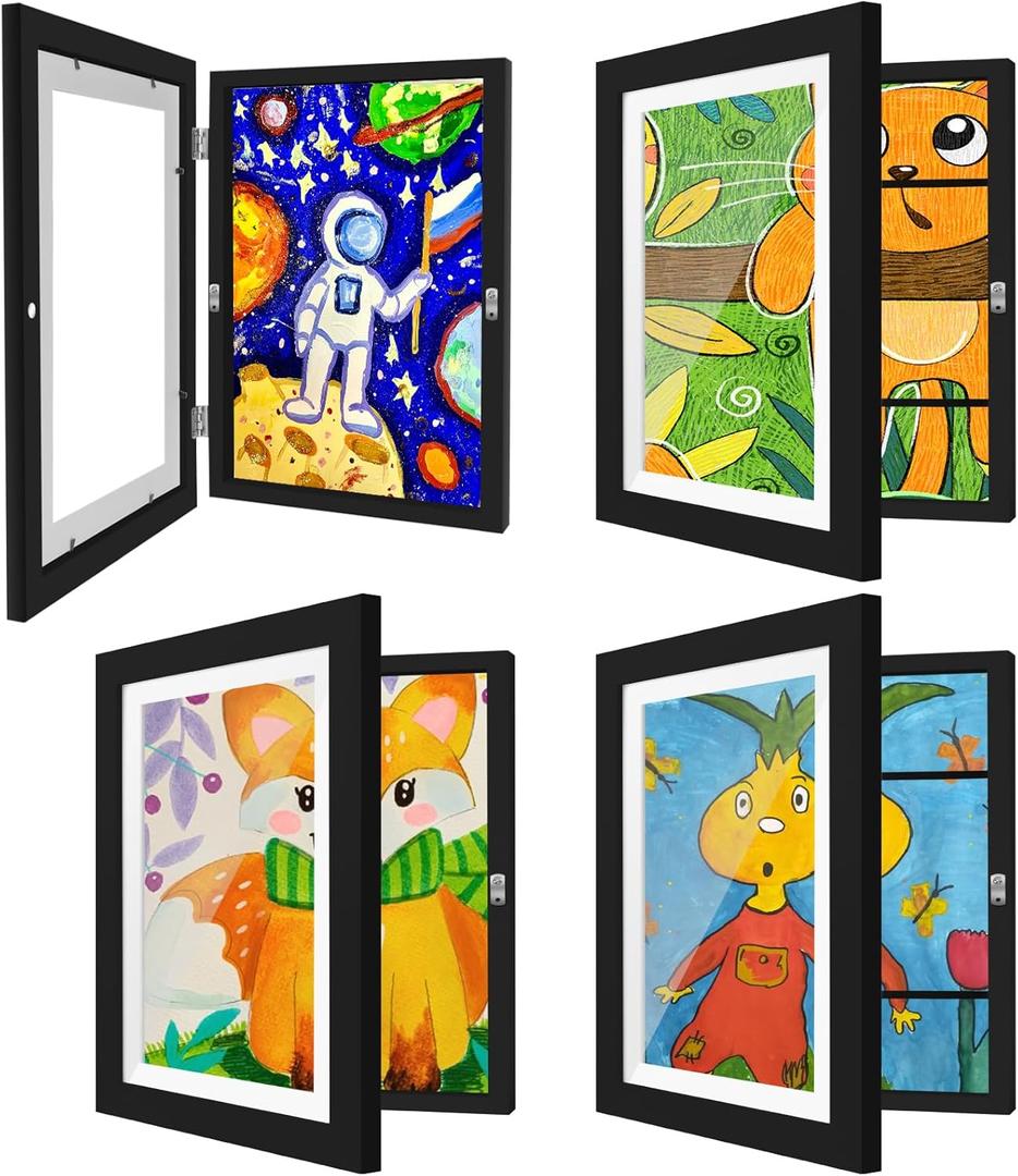[Extra Large]Kids Art Frames 10x12.5 Inch 4 Pack Kids Artwork Flip Frame Changeable for Picture Display, Children School Drawing Projects Storage, Horizontally Vertically Wall Hanging, Front Opening (Black)