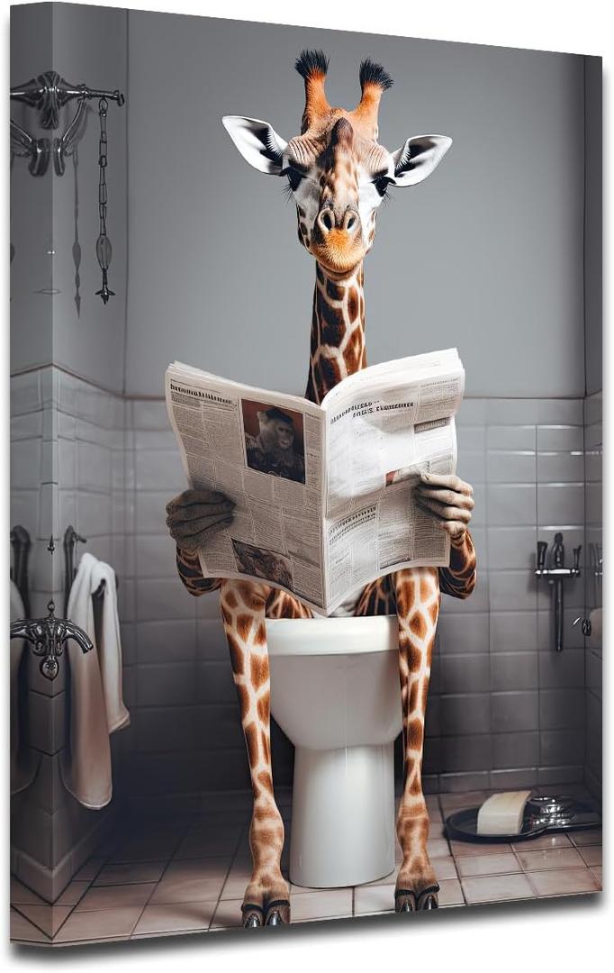 CXHOSTENT Funny Giraffe Bathroom Canvas Wall Art Giraffe Reading Newspapers on Toilet Pictures Prints Animal Poster Kids Bathroom Print Restroom Decor (Bathroom-1, 12.00"x18.00")