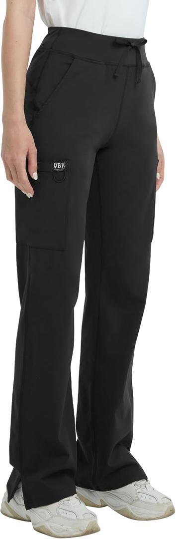 QBK High Rise Yoga Scrub Pants Women - Straight Wide Leg Uniform Pants with Cargo Pocket, Anti-Wrinkle & Knit Yoga Waistband (Small, Black)