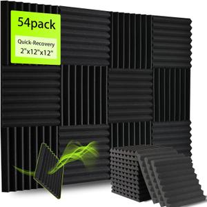 54 Pack Sound Proof Foam Panels for Walls, Thickened 2x12x12 Inches Wedges Acoustic Panels Sound Absorbing, High Density Pyramid Noise Reduction Panels (Black without Adhesive - 2")
