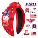 4th of July Headband Beaded USA Headband Patriotic Red White Blue Crystal Embellished Knotted with Tattoos for Women Girls Independence Day Accessories Red USA