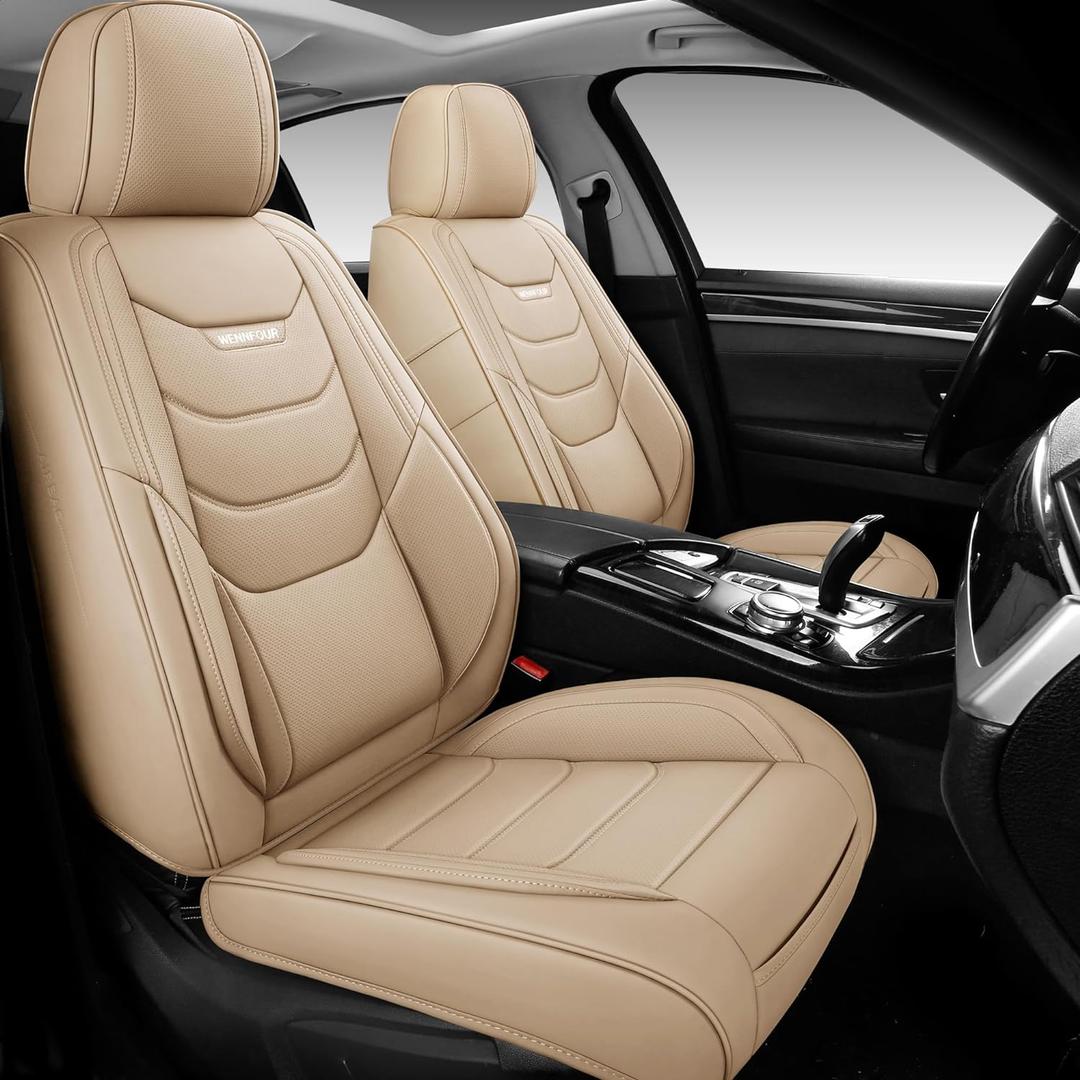 Car Seat Covers Full Set, Universal Automotive Front and Rear Seat Protector Fit for Cars 5 Seats, Waterproof Breathable Leather Seat Cushion for Most Vehicles SUV Pick-up Truck, Beige