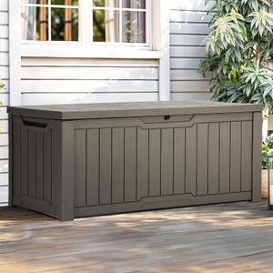 YITAHOME Outdoor Storage Box, 120 Gallon Waterproof Deck Box for Garden Tools, Patio Cushions, and Pool Accessories, Lockable, Easy Assembly, Versatile Bench or Table (Light Brown) (Taupe)