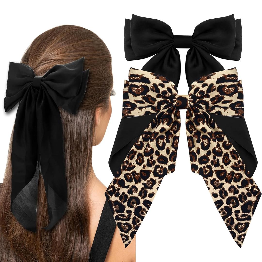 Zkptops 2Pcs Hair Bow Clips for Women Girls Silky Satin Bow Hair Clips Hair Ribbon with Long Tail Cute Oversized Hair Clips Soft Large Big Bowknot Hair Barrettes Hair Accessories (Black Leopard)