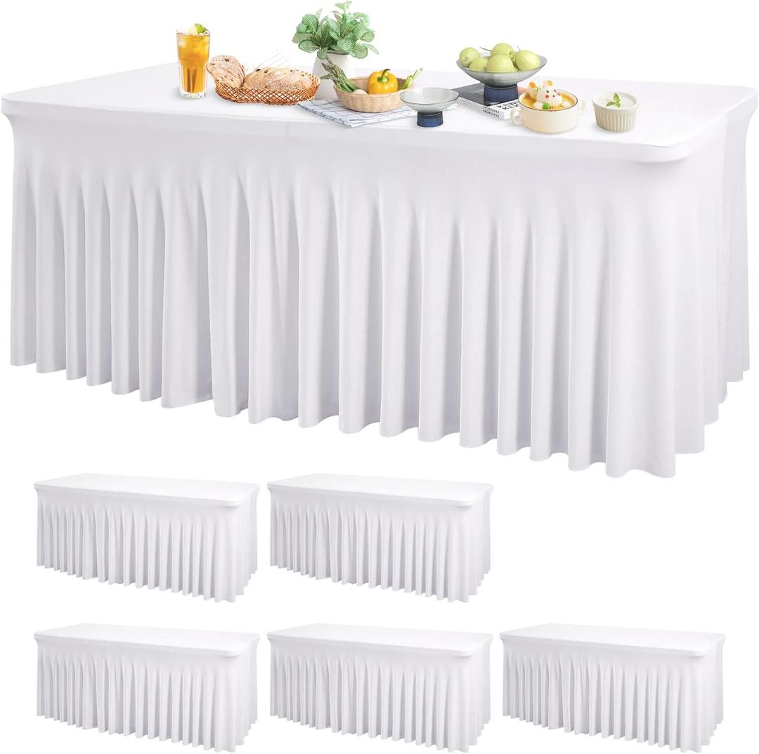 Wish Care 6 Pack White Spandex Table Clothes for 6 Foot Rectangle Tables, 6FT Wrinkle Free Fitted Tablecloths Ruffles Design Table Cover for Party, Banquet, Wedding and Events