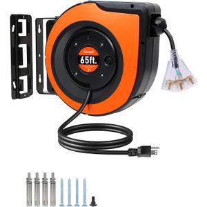 65FT Retractable Extension Cord Reel, 12AWG/3C SJTOW Heavy Duty Power Cord with Lighted Triple Tap Outlet, 15A Circuit Breaker, 180 Swivel Removable Bracket for Wall/Ceiling Mount, UL Listed (Black/Orange)