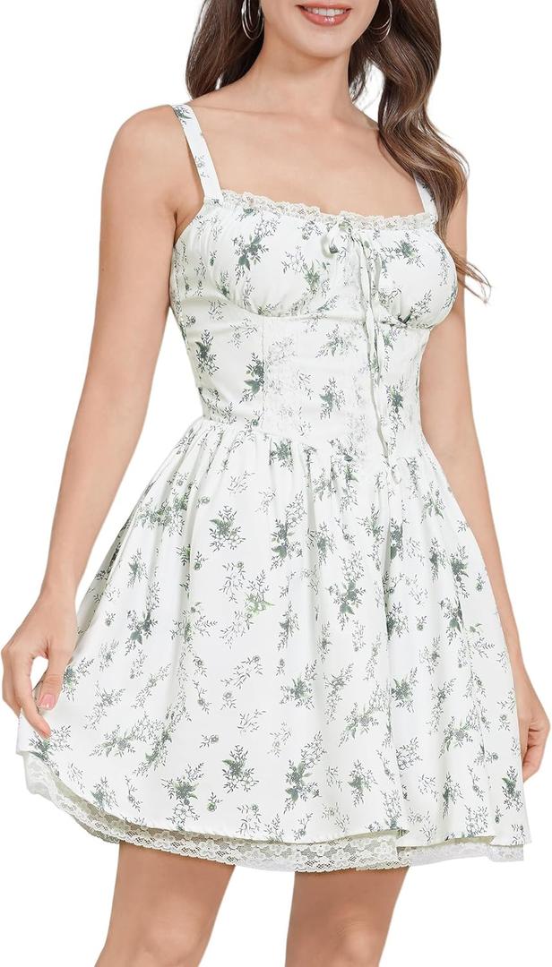OBEEII Womens Corset Mini Dress Sexy Sleeveless Backless Low Cut Lace Short Dress Ruffle Summer Sundress (Small, Green Floral)