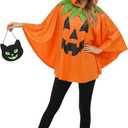 Hooded Adult Pumpkin Poncho Costume for Women - 2025 Christmas Jack-O'-Lantern Poncho & Candy Bag, One Size (Orange)