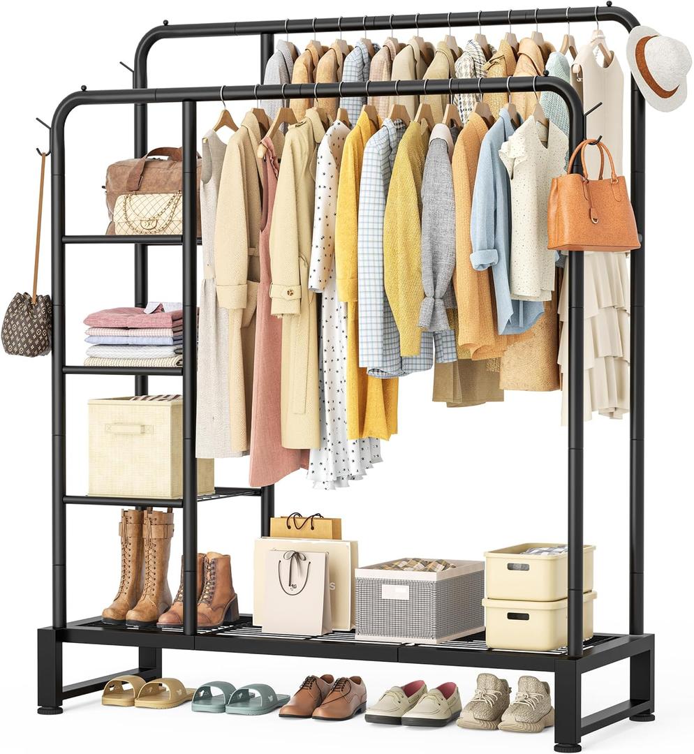 Double Rods Clothes Rack Clothing Rack with 4 Tier Storage Shelves Clothes Rack for Hanging Clothes Multifunctional Heavy Duty Clothes Organizer with Hooks for Bedroom, Wardrobe Closet, Shop, Black