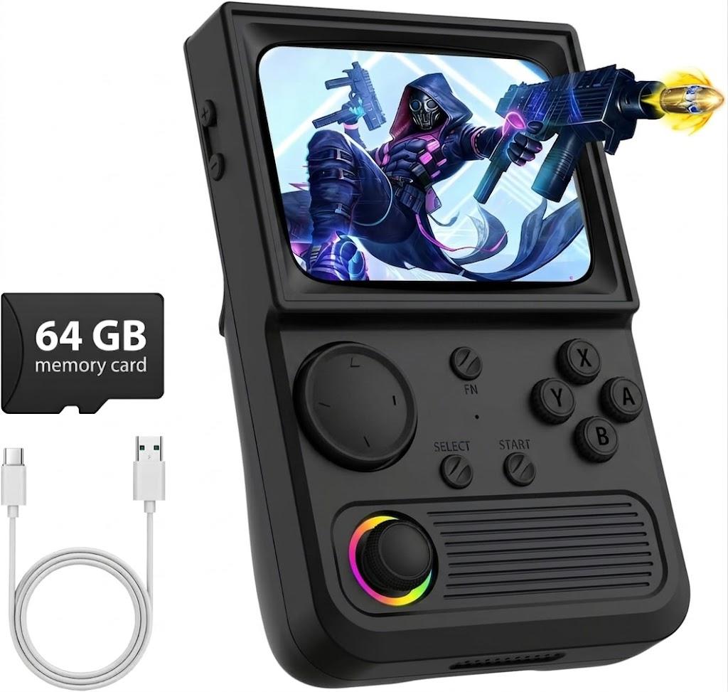 R36T Retro Gaming Console, 3.5''IPS Screen CRT-Inspired, Handheld Game Console 64GB with 18000+ Classic Games Supports WiFi Networked Fighting and OTG, 3500mAh Battery, with Portable Case(Black 64GB)