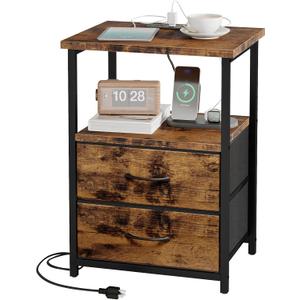 Fixwal Night Stand with Charging Station, Nightstand with Fabric Drawers, Bedside Table with Storage for Bedroom, Rustic Brown