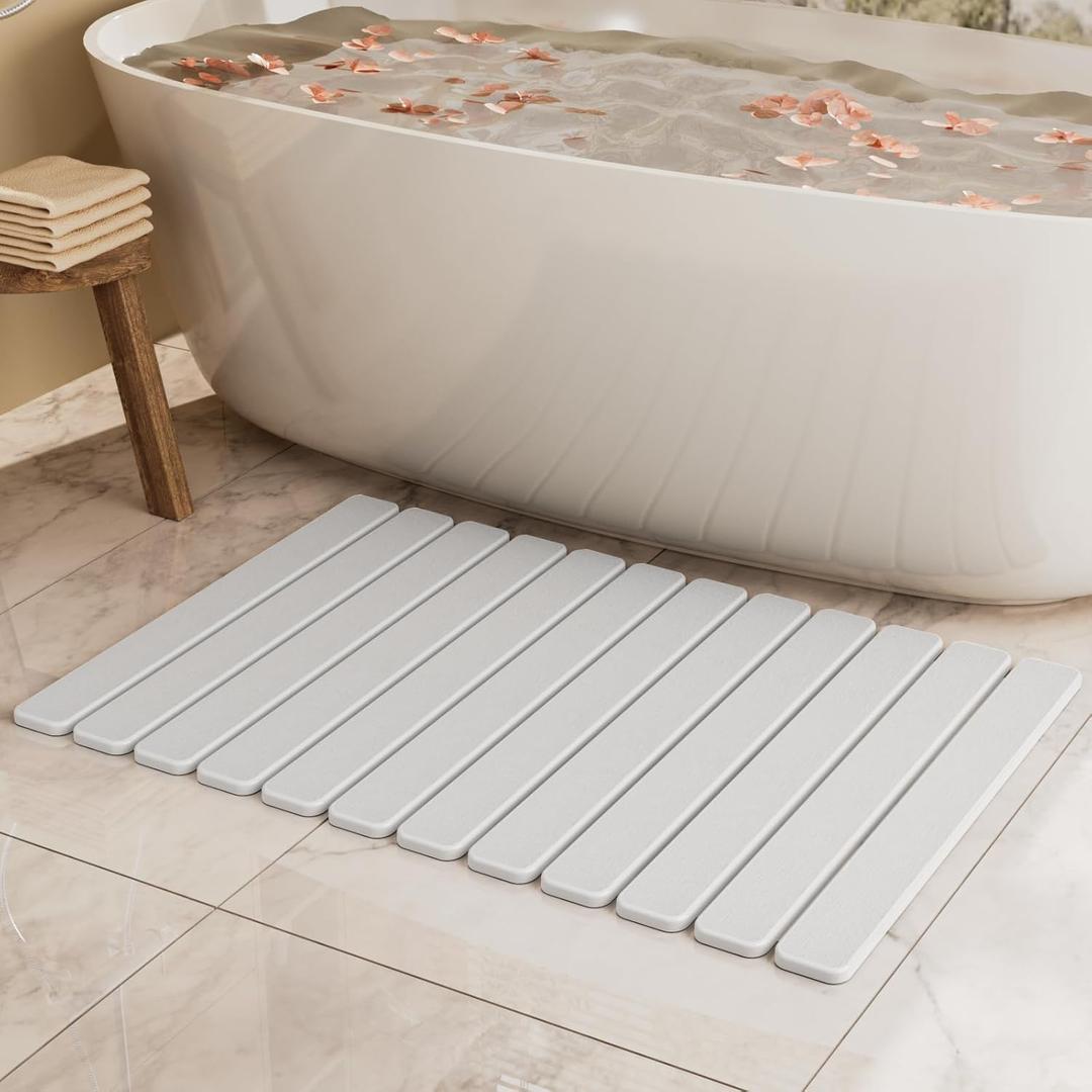 Large Stone Bath Mat 31.5 x 19.7in, Quick Dry Diatomaceous Earth Mats for Bathroom, Super Absorbent Foldable Bath Stone Mat, Non Slip, Dish Drying Mat for Kitchen Counter (White)