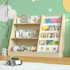 Kids Bookshelf and Toy Storage, 3 Tier Wooden Kids Bookcase with Storage, Floor-to-Ceiling Baby Book Organizer with Sling, Children Book Rack for Playroom, Classroom, Nursery, Natural