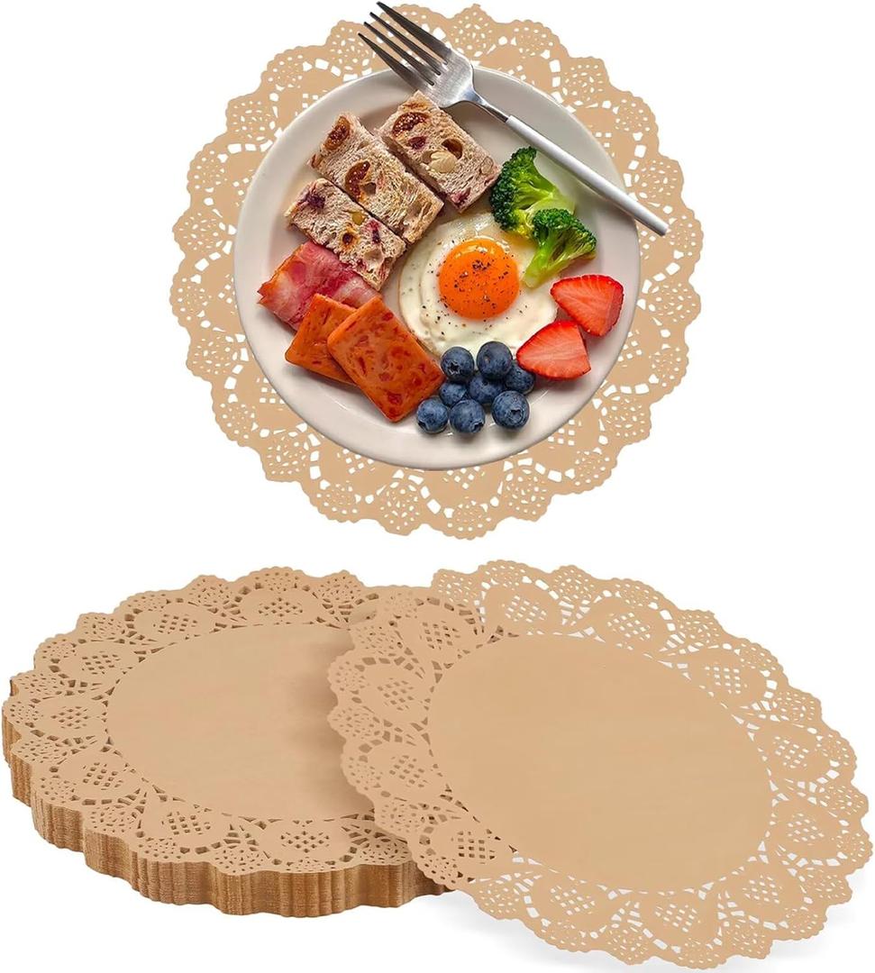 100 Pcs Paper Doilies for Table, Round Paper Placemats Disposable for Tableware Decor, 13.5 Inches Lace Place Mats for Birthday Wedding Banquet Party-01 (Brown)
