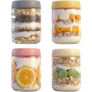 16 OZ 4Pack, Overnight Oats Jars with Lids, Glass Meal Prep Containers, Airtight Mason Jars for Breakfast, Yogurt Parfait, Salad & Smoothies, Leakproof and Reusable Food Storage Jars 4