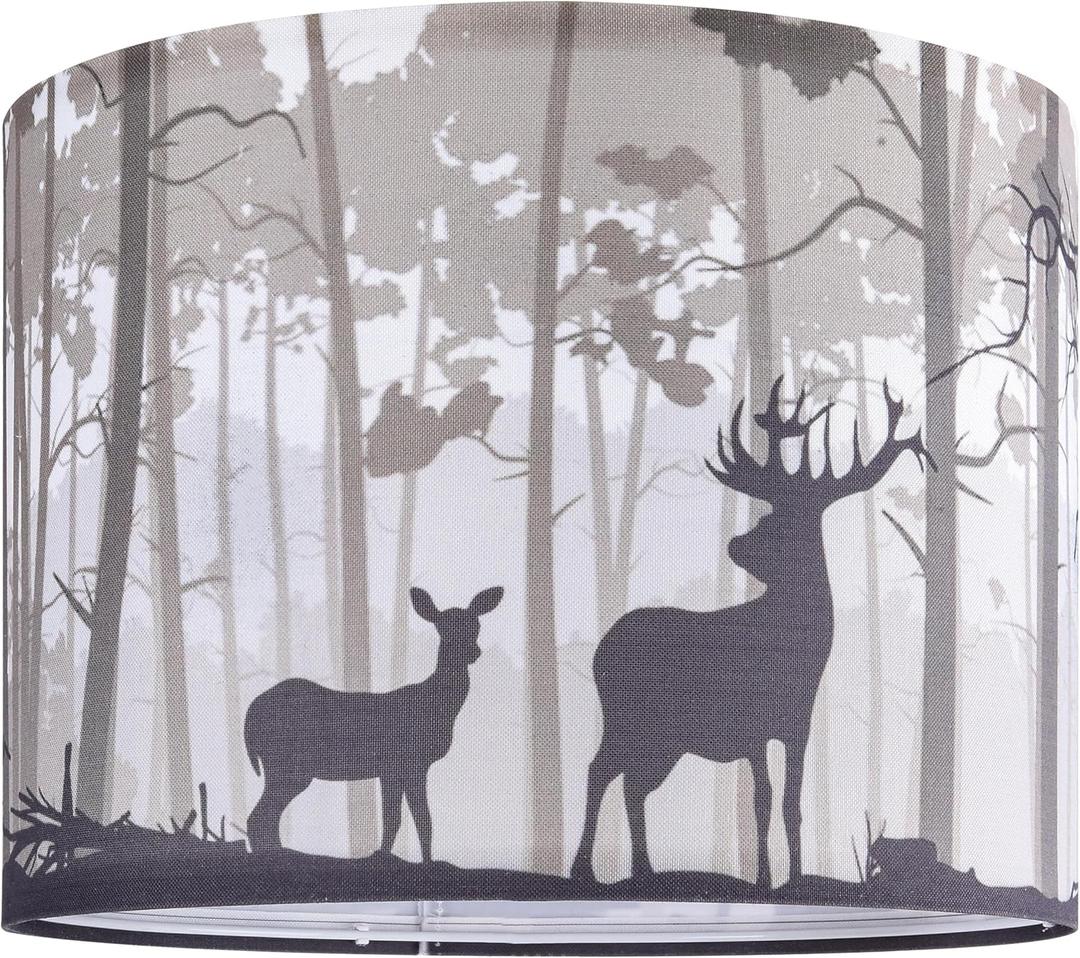 GO&SO Drum Lamp Shade Medium Gray Animal Print Sika Deer Lampshade for Table - 13" Top x 13" Bottom x 10" High (Spider) Vintage Lampshades Replacement Natural Linen Art Decor Easy Assembly