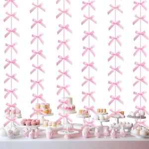 Pink Ribbon Bow Hanging Garland for Baby Shower Pink Bow Party Decorations Girls Bow Birthday Decoration Tying The Knot Bridal Shower Party Room Dcor 6pcs