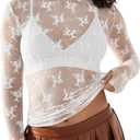 Wyeysyt Lace Tops for Women, Mesh Top Long Sleeve Floral Lace Blouse, Sheer Mesh Mock Neck Layering Top (Medium, White)