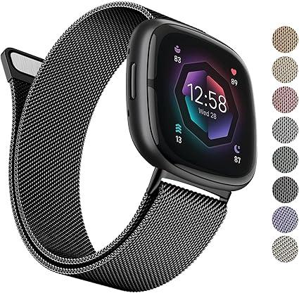 AK Metal Band Compatible with Fitbit Sense 2 / Versa 4 Bands, Stainless Steel Mesh Loop Magnetic Replacement Bracelet Strap for Fitbit Sense / Versa