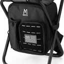MOZETO Backpack Stool Cooler Chair with Molle Pocket and American Flag Patche, Portable Folding Fishing Stool for Outdoor Walking Hiking Camping (Black)