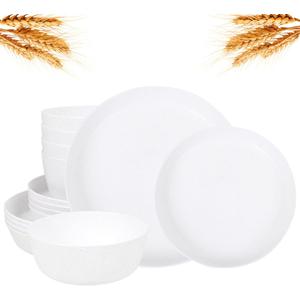 EI 12pcs White Wheat Straw Plates,Wheat Straw Dinnerware Set,Plates and Bowls Sets,Unbreakable Plastic Plate,Plastic Plates Reusable,Dinner Plates Set of 4,Plastic Dishes Set