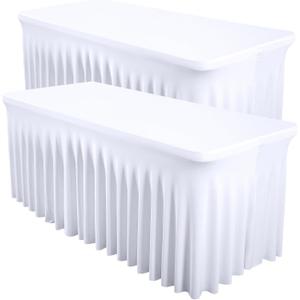 Shillance 2 Packs White Spandex Table Covers 8 Foot, Fitted Stretch Table Cloth with Skirts 96x30 Inch, Wrinkle-Free Floor Length Rectangle Tablecloths for Weddings Parties Banquets Events