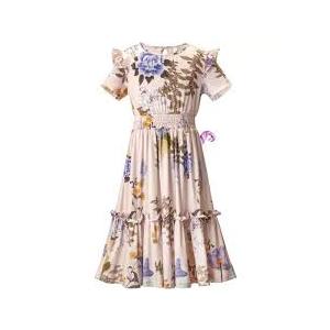 Girls Short Sleeves Floral Printed Dresses with Pocket and Elastic Waistband 130