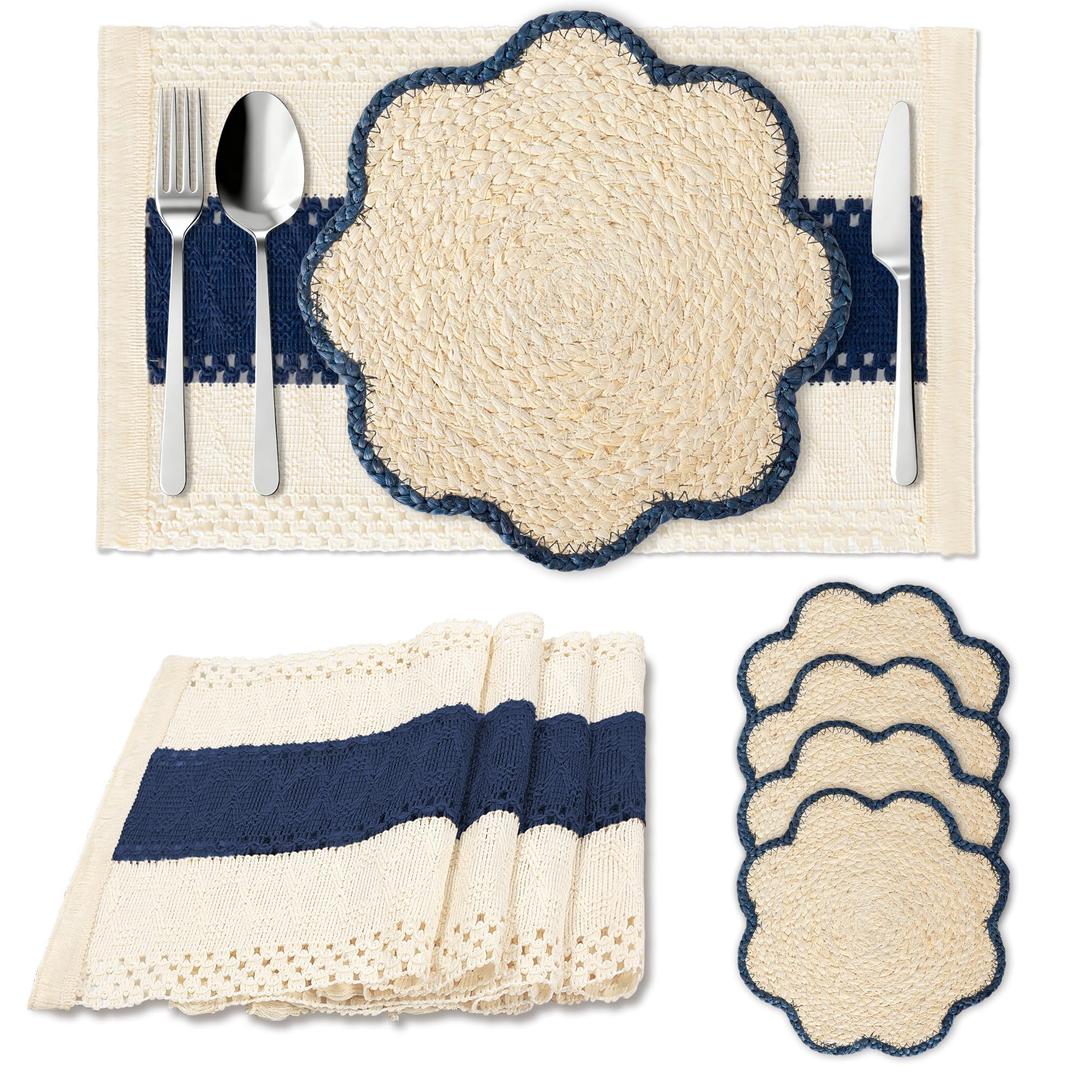 Stylave 4pc Sunflower Rattan Placemat Set, Woven Boho Table Mats, Blue