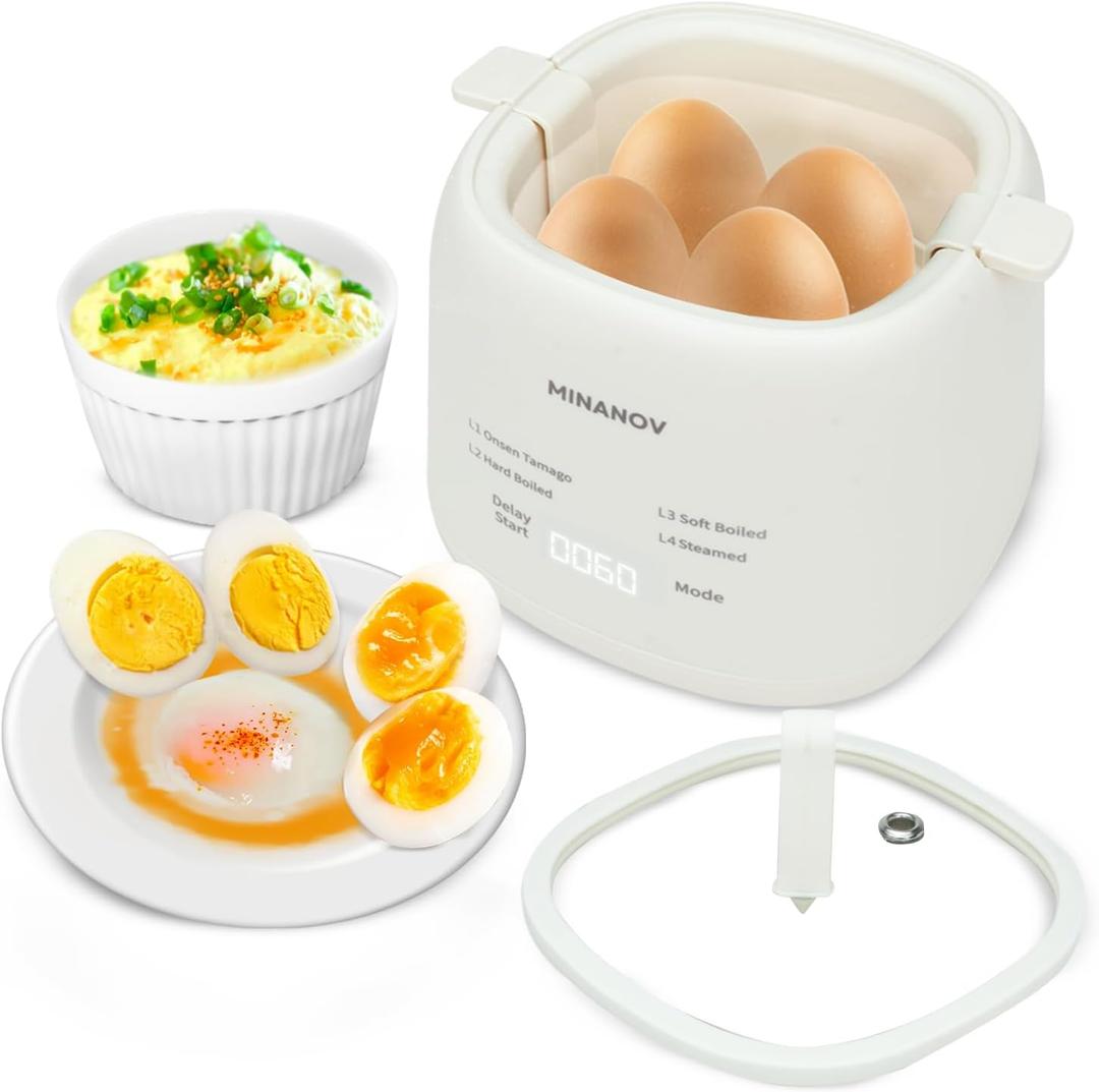 MINANOV Egg Maker - Electric Egg Cooker with Auto Shut Off and Alarm- Egg Maker Machine for Hard Boiled, Soft Boiled, Steamed Eggs, Onsen Tamago - Smart Egg Cooker for Home, Kitchen, RV, Camping