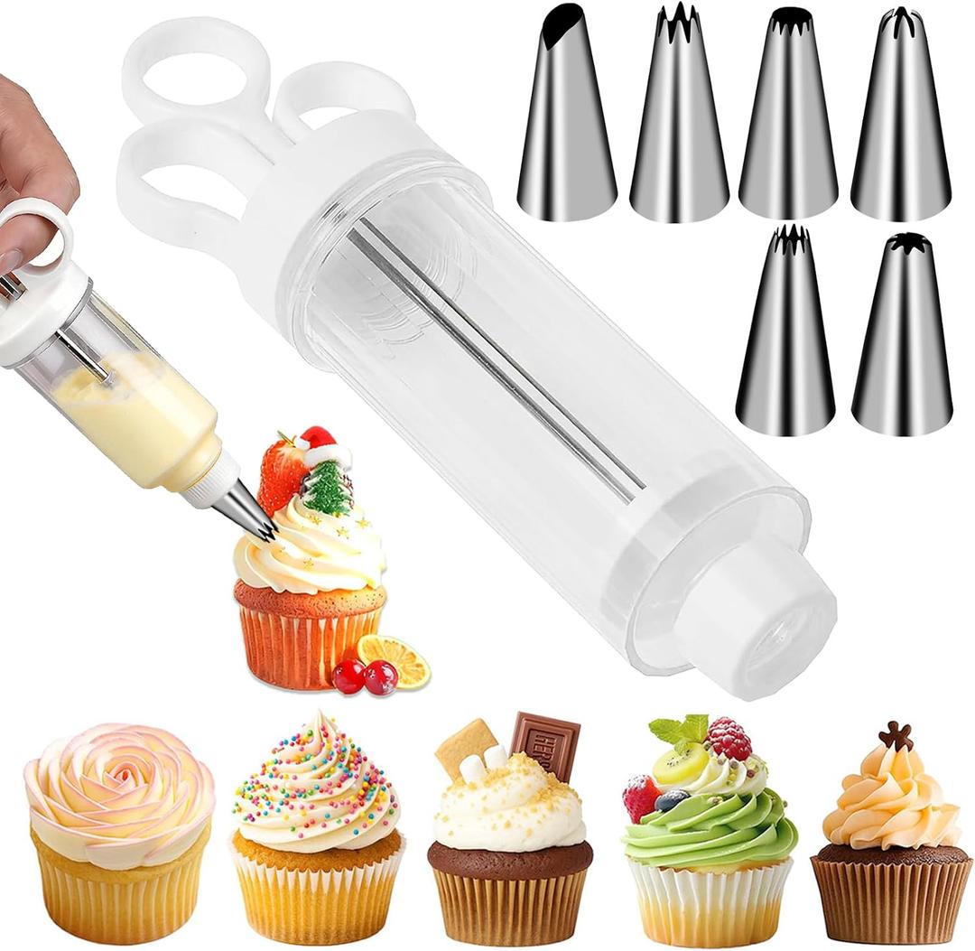 2 x Suuker Cake Decorating Gun, Cupcake Icing Piping Kit, Cake Decorating Kit with 6 Stainless Steel Piping Tips, Cupcake Injector/Decorating Icing Set, White