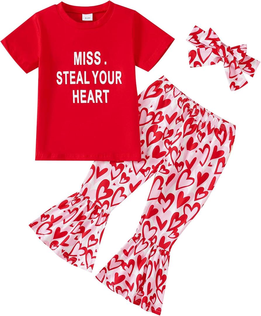 Tinypainter Girl Valentines Day Outfit Letter Tee Shirt Love Heart Bell Buttoms Pants Headband Clothes Set 3/4Y (Miss. Steal Your Heart-red)