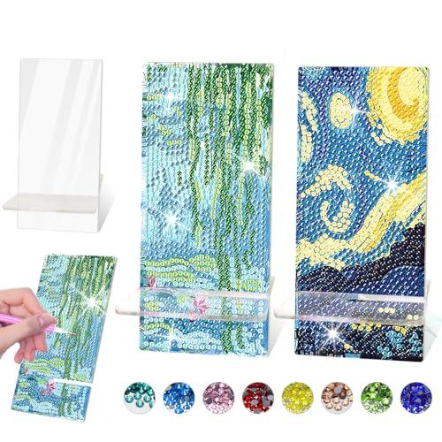 NUFTVI 2 Pack Diamond Painting Cell Phone Stand, 5D Crystal Diamond Art Phone Holder and Mirror Craft Kits for Beginner Adult (Water Lily Starry Night)