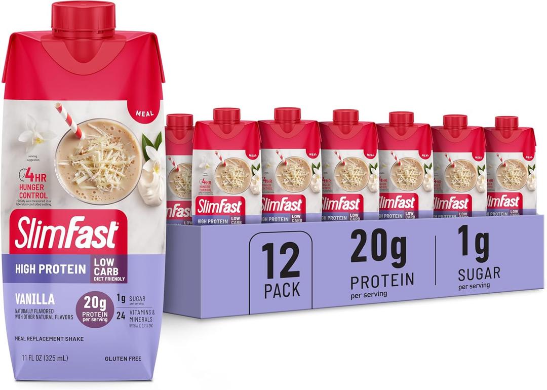 SlimFast Protein Shake, Vanilla- 20g Protein, Meal Replacement Shake Ready to Drink, High Protein with Low Carb and Low Sugar, 24 Vitamins and Minerals, 12 Count (Pack of 1), Best By: MAR 20 26