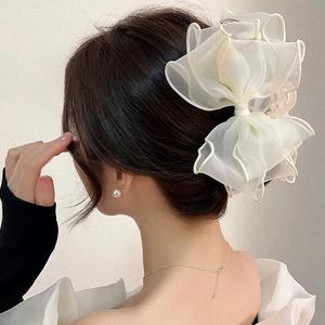 White Organza Bow Claw Clip Graceful Bowkont Large Claw Clips for Women Cute Hair Clips Big Bow Hair Claws Womens Hairclips Fashion Clawclip with Bows Hairclip for Party and Daily Wear