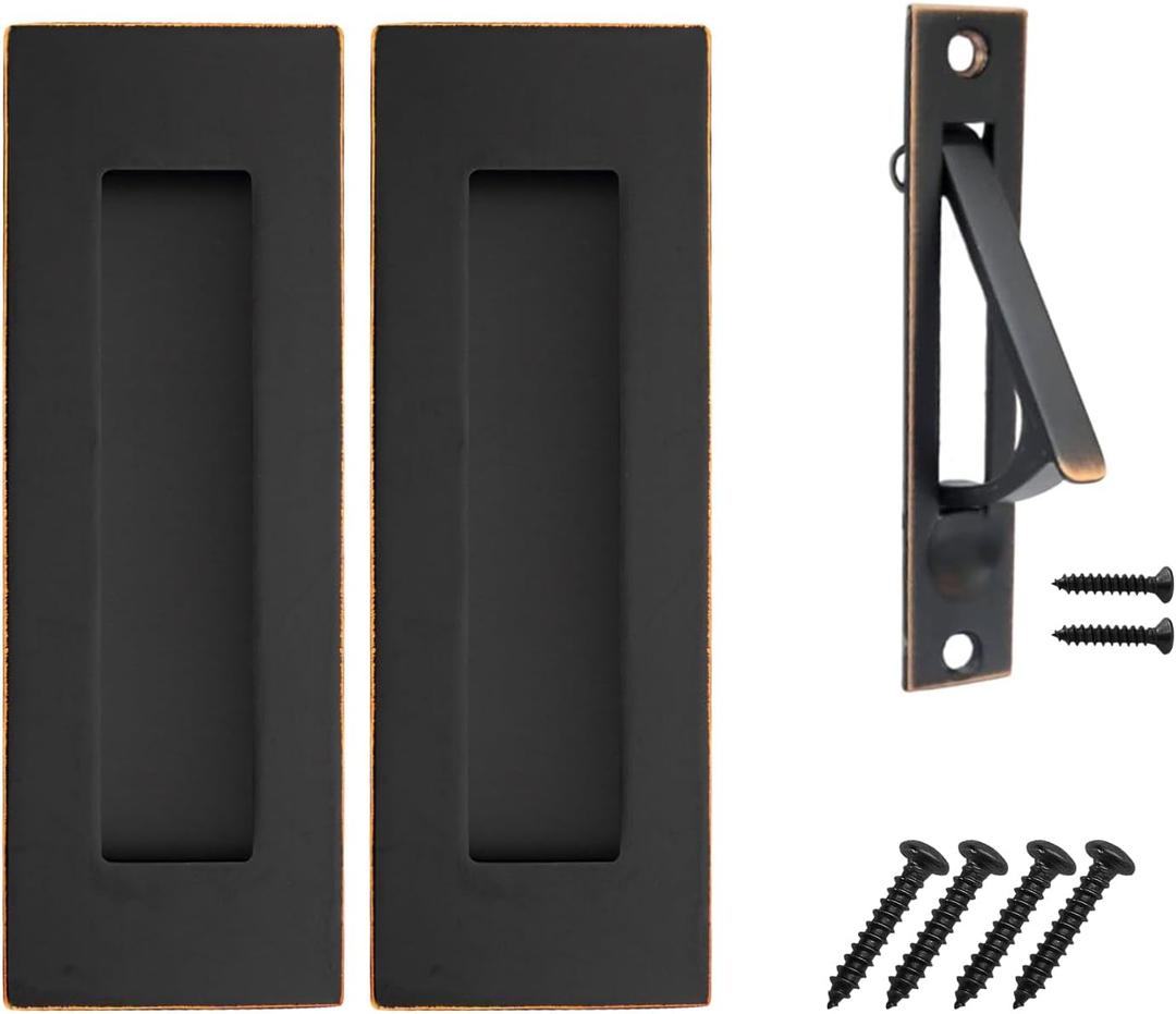 Pocket Door Pull and Edge Pull Oil Rubbed Bronze Set, 6Inch Handles Hardware Latch, Recessed Finger Flush Pulls, for Closet, Sliding, Barn Door