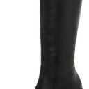 SOVANYOU Black Leather Boots Platform Boots for Women Fashion Square Toe Chunky Block Heeled Boots Side Zip (7.5)