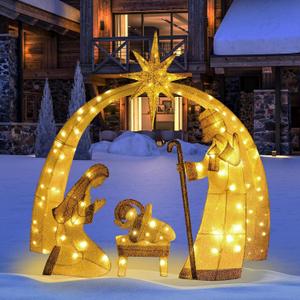 Christmas Decorations 55-inch Illuminated 2D Outdoor Nativity Scene, Christmas Arch Holy Family Yard Decoration, Includes LED Lights, Ground Pegs, and Cable Ties.