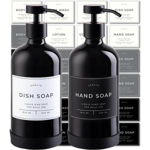 Hand and Dish Soap Dispenser for Kitchen and Bathroom, Set of 2 16 Oz Glass Bottles, Stainless Steel Pumps, Non-Slip Silicone Base, 27 Waterproof Labels (Gloss Black Bottle/Black Pump)