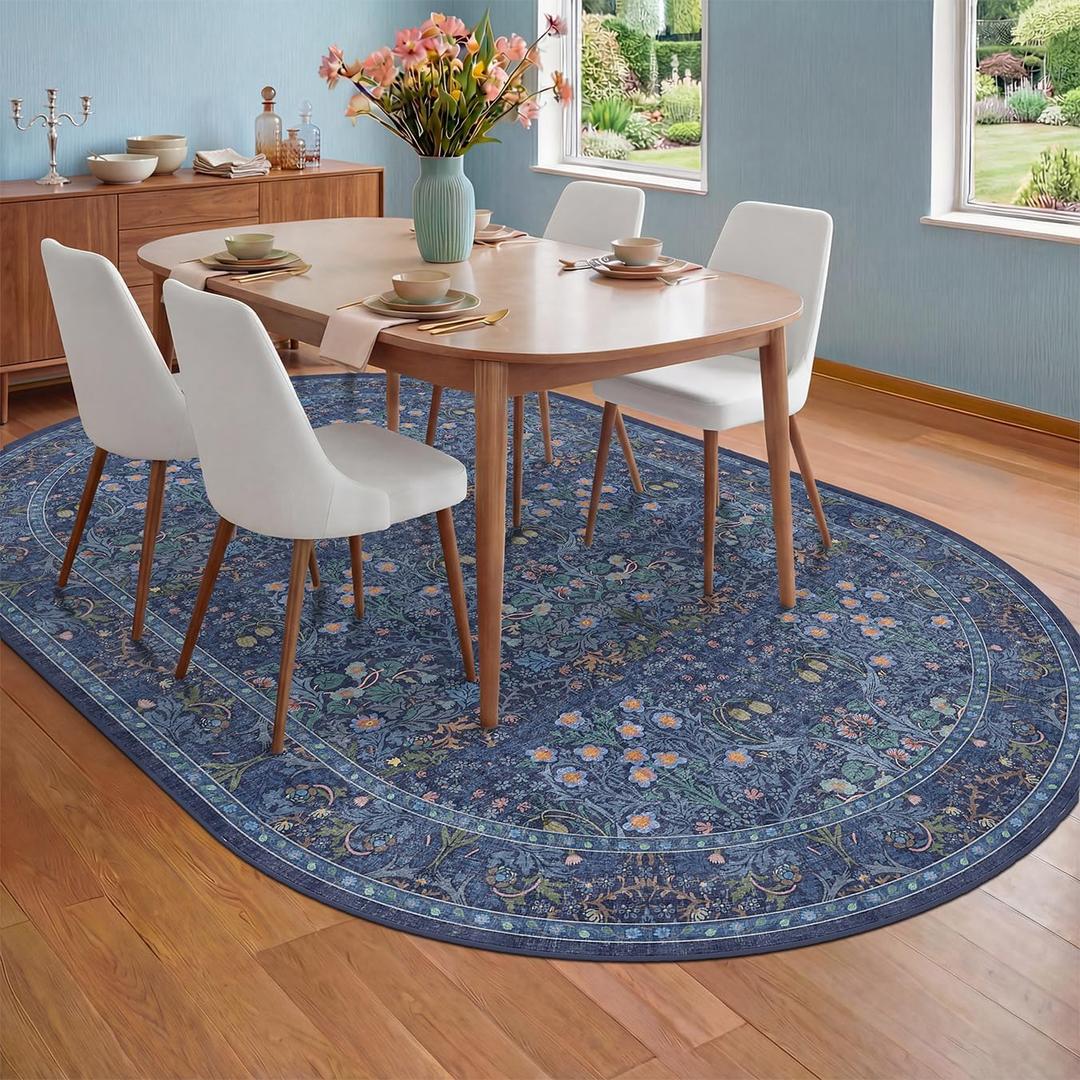 Dark Blue 6x9 Oval Area Rugs - Washable Rugs for Dining Room Table, Living Room, Non-Slip Floor Carpet for Bedroom - Vintage Navy Blue Floral Pattern Low Pile Stain Resistant